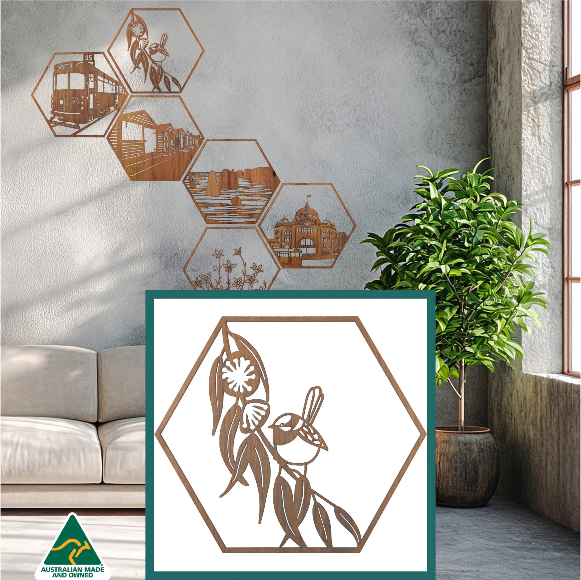 Australian Timber Hexagon Wall Art: Blue Wren