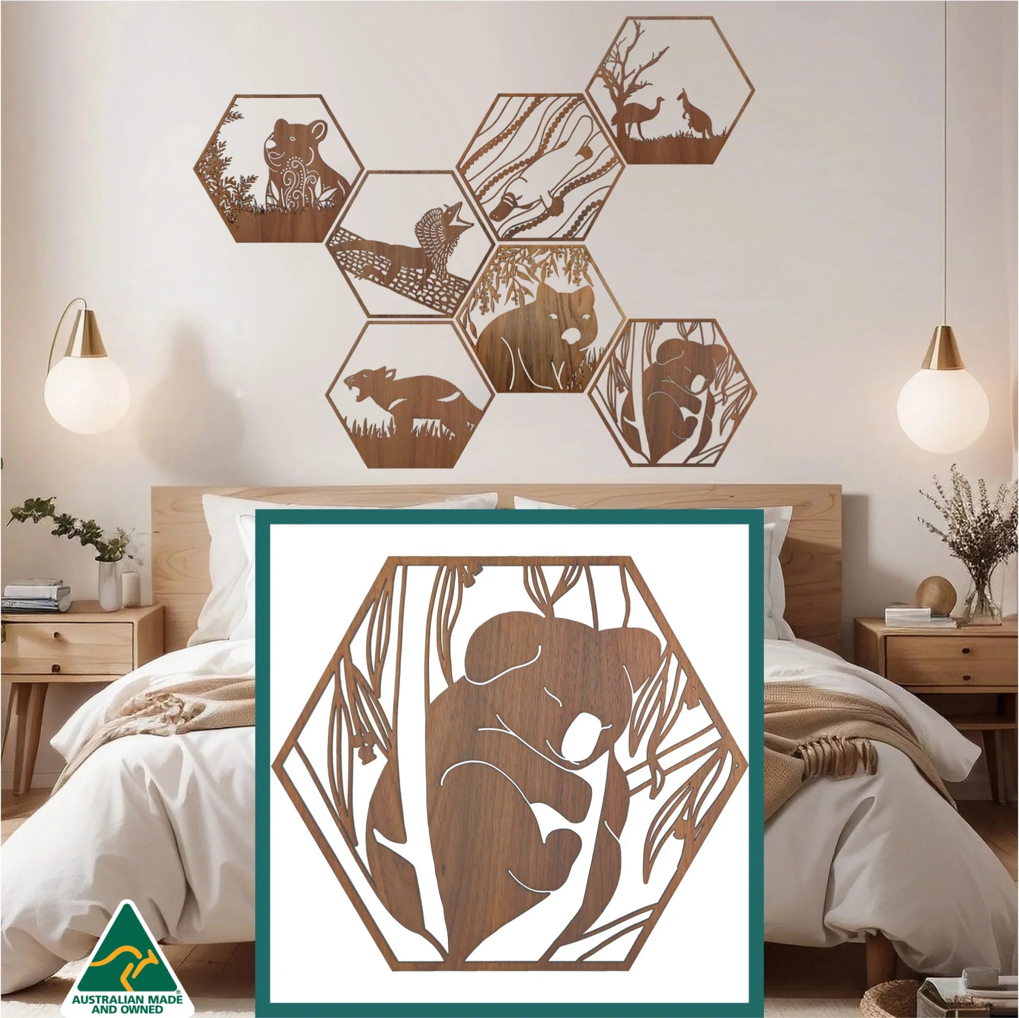 Australian Timber Hexagon Wall Art: Koala