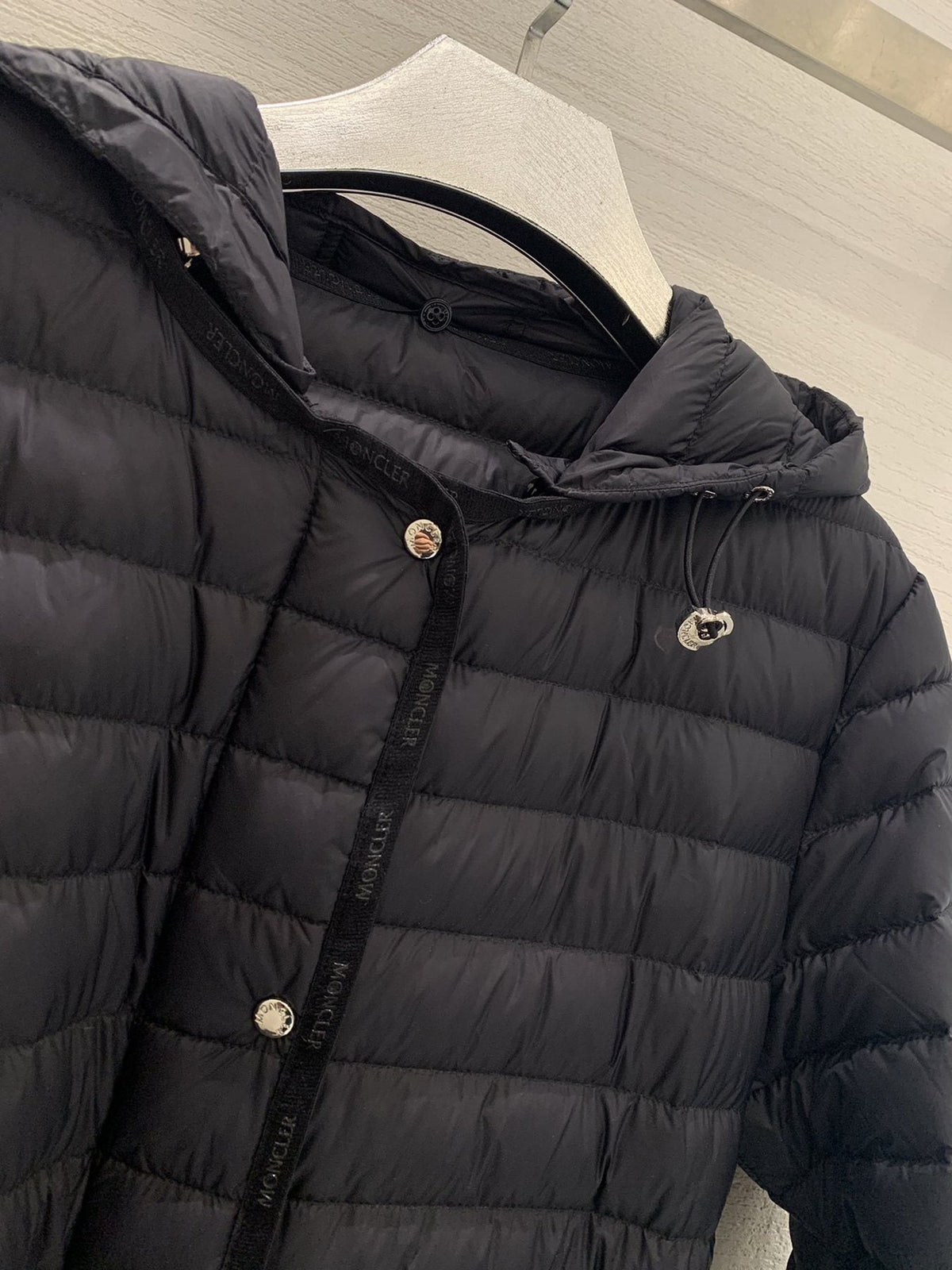 Moncler Women’s Belted Hooded Long Down Coat — detail