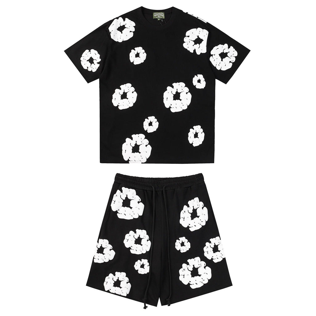 Denim Tears Outfit:T-shirt/Shorts (Separate Purchase Options) Puff Print Short Sleeve T-shirt Loose Couple Shorts Suit